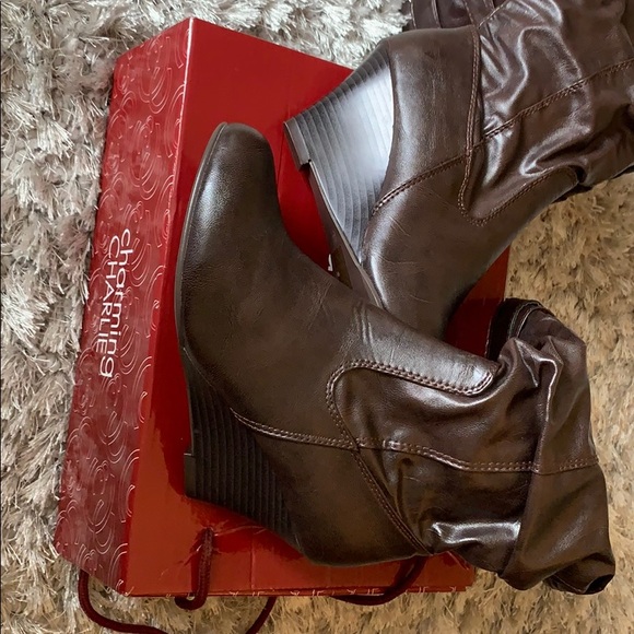 NIB Charming Charlie Tall Brown Wedge-heeled Boots - Picture 2 of 8